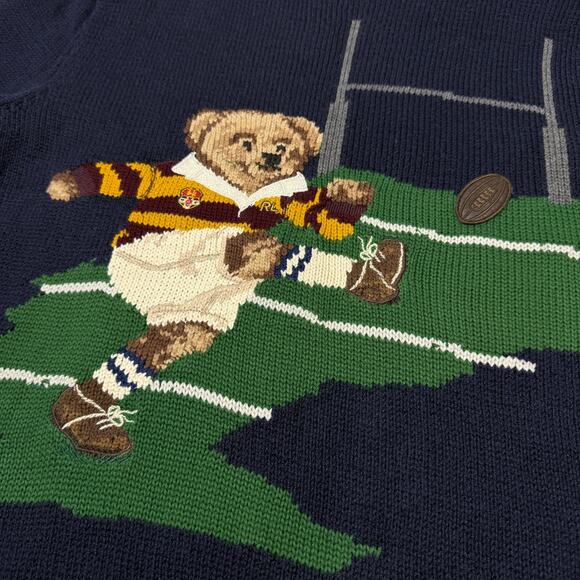 Polo Ralph Lauren Polo Bear Sweater Rugby Mens Large Navy Cotton Linen Knit - Picture 3 of 11